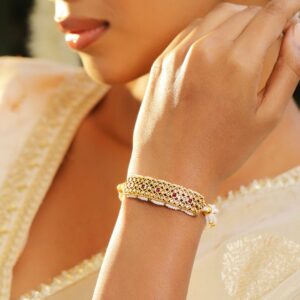 22K Gold-Plated Kundan & Ruby Studded Pearl Beaded Handcrafted Traditional Bracelet - Gold