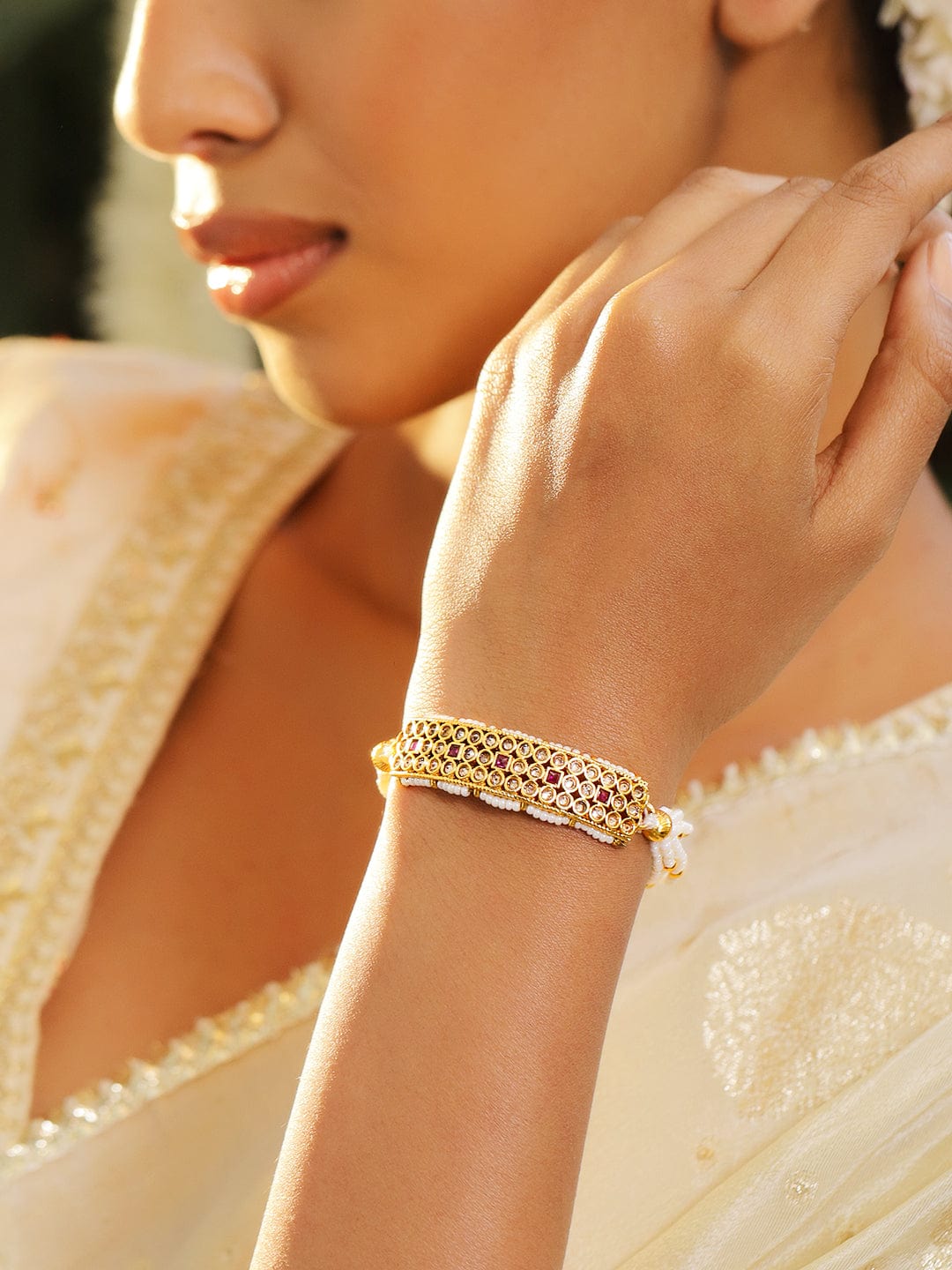 22K Gold-Plated Kundan & Ruby Studded Pearl Beaded Handcrafted Traditional Bracelet - Gold