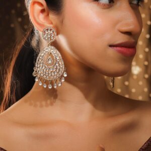 22K Gold-Plated Kundan Studded Handcrafted Chandelier Earrings with Kundan Droplets - Gold