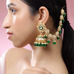 22K Gold-Plated Kundan Studded Kan Chain Earrings with Green Beads & Enamel Detailing