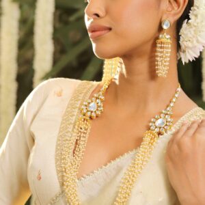 22K Gold-Plated Kundan Studded Multi-Strand Pearl Beaded Necklace Set - Gold