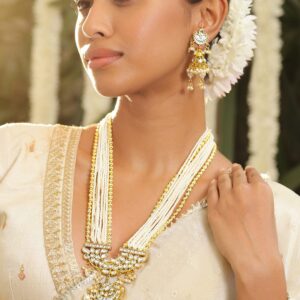22K Gold-Plated Kundan Studded Multi-Strand Pearl & Gold Beaded Necklace Set for Women