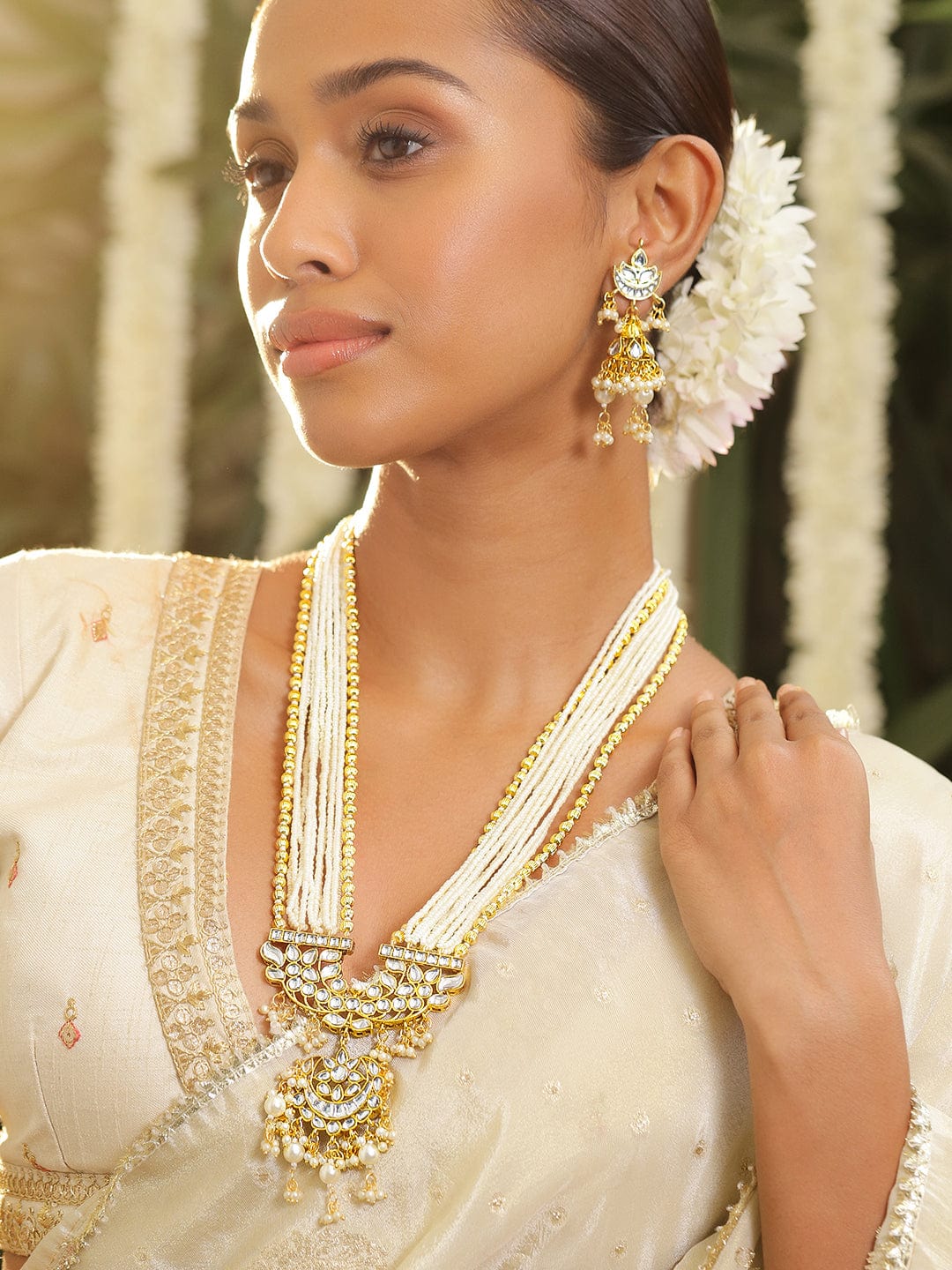 22K Gold-Plated Kundan Studded Multi-Strand Pearl & Gold Beaded Necklace Set for Women