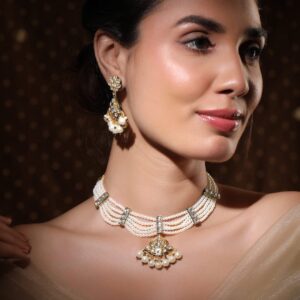 22K Gold-Plated White Kundan-Studded Multi-Strand Pearl Necklace Set with Jhumka Earrings - White