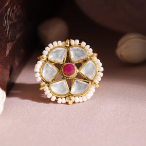 22K Gold Plated Kundan Studded Pearl Beaded Floral Motif Adjustable Finger Ring