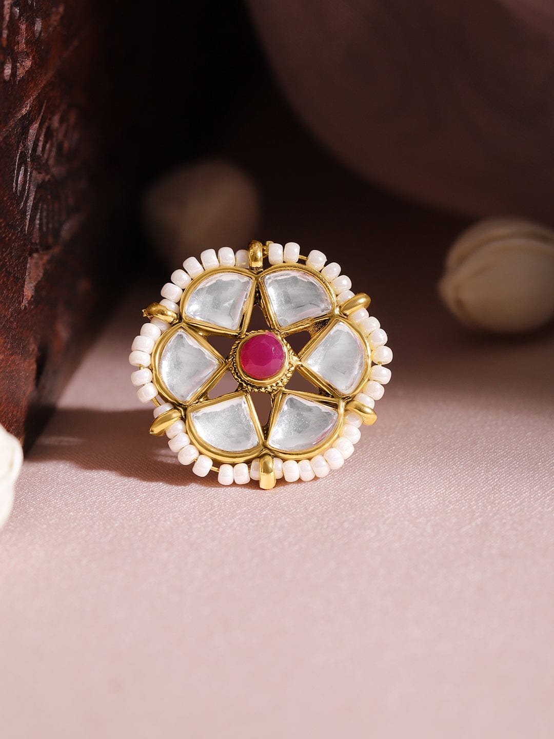 22K Gold Plated Kundan Studded Pearl Beaded Floral Motif Adjustable Finger Ring