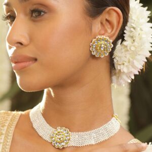 22K Gold-Plated Kundan Studded & Pearl Beaded Handcrafted Choker Necklace Set - Gold