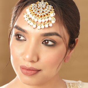 22K Gold plated Kundan studded Pearl beaded Statement Maangtika - Gold