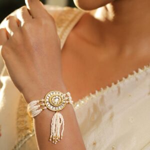 22K Gold-Plated Kundan Studded & Pearl Beaded Traditional Bracelet - Gold