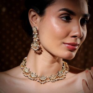 22K Gold-Plated Kundan Studed Green Border, Pearl Beaded Crescent Moon Necklace Set