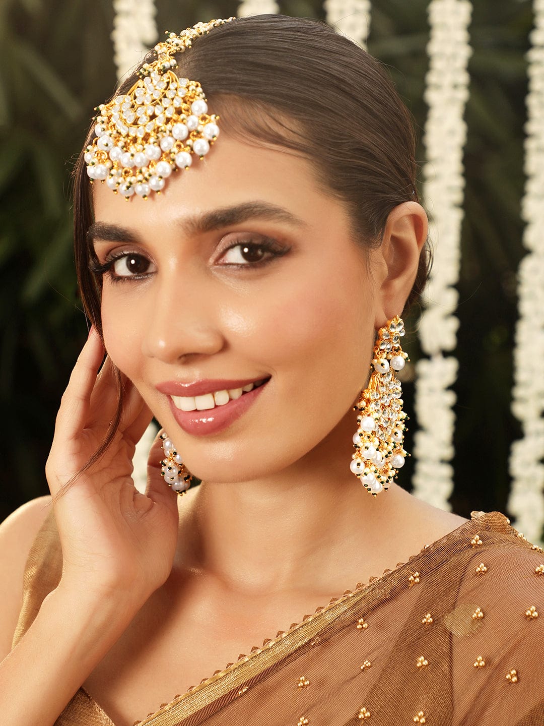 22K Gold plated Kundan with pearl beaded Chandbali Statement Earrings and maang tika set - Gold