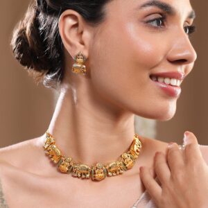 22K Gold-Plated Lakshmi & Elephant Motifs Temple Jewellery Set with Emerald and Cubic Zirconia Accents - Gold