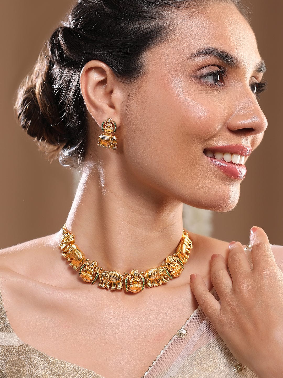 22K Gold-Plated Lakshmi & Elephant Motifs Temple Jewellery Set with Emerald and Cubic Zirconia Accents - Gold