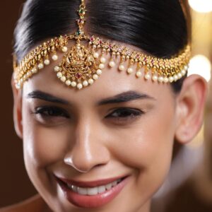 22K Gold-Plated Lakshmi Motif Ruby Red & Emerald Green Stone & Pearl Beaded Traditional Bridal Matha Patti - Gold