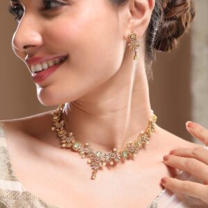 22K Gold-Plated Light Green & Cubic Zirconia Studded Necklace Set with Pearl Drops