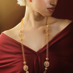 22K Gold-Plated Long Floral Pendant Golden Beaded Necklace for Women