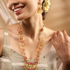 22K Gold-Plated Long Jewellery Set with Ruby Red & Emerald Green and Pearl Beads - Gold