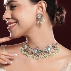 22K Gold-Plated Mint Green AD Stone & Cubic Zirconia Studded Beaded Necklace Set - Gold