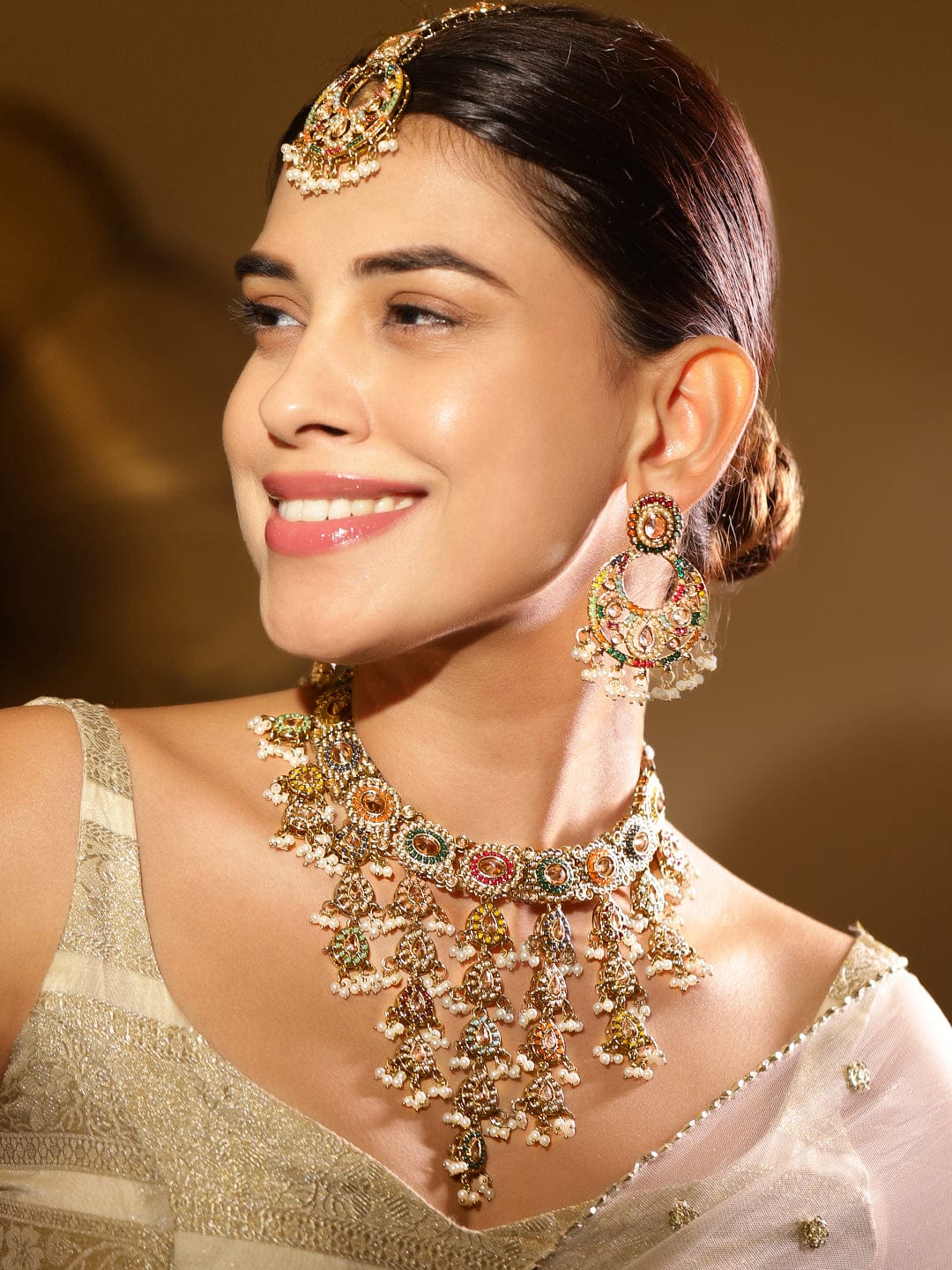 22K Gold-Plated Multicolor Kundan & Cubic Zirconia Studded Bridal Jewelry Set - Multicolor