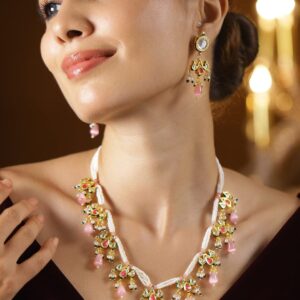 22K Gold-Plated Multicolor Kundan & Pink, Green Pearls Beads Studded Pearl Necklace Set for Women - Pink