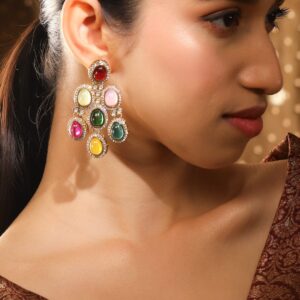 22K Gold-Plated Multicolor Triangle Stone & Cubic Zirconia Studded Chandelier Earrings for Women – Premium Designer Jewelry