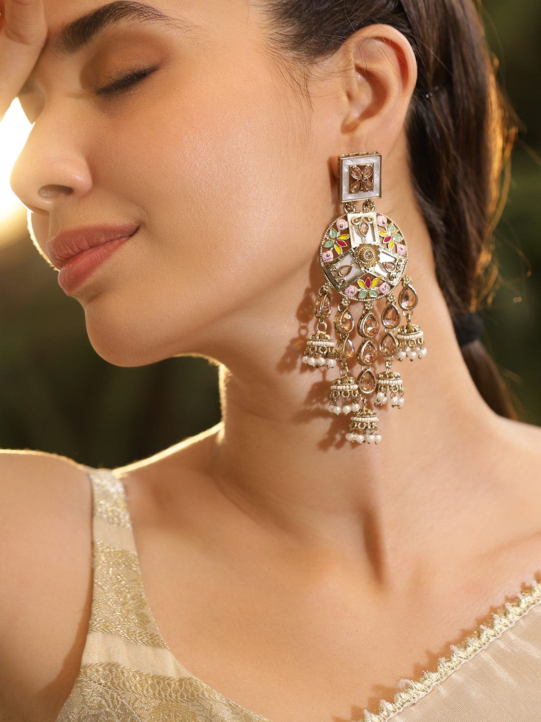 22K Gold-Plated Multicolour Enamel & Kundan Long Jhumka Dangler Earrings
