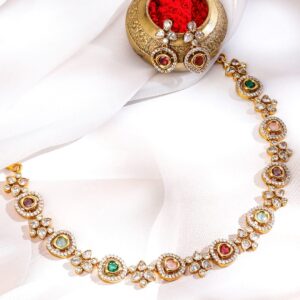 22K Gold-Plated Multicolour Stone & Cubic Zirconia Studded Floral Vine Necklace Set