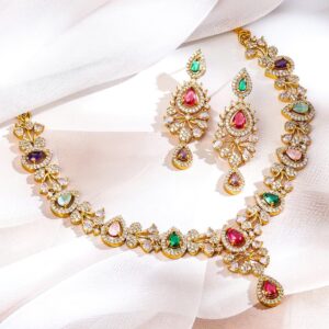 22K Gold-Plated Multicolour Stone & White Cubic Zirconia Studded Floral Vine Handcrafted Necklace Set for Women