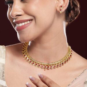 22K Gold-Plated Ruby Pink Stone Oval Detailing Handcrafted Necklace Set - Gold
