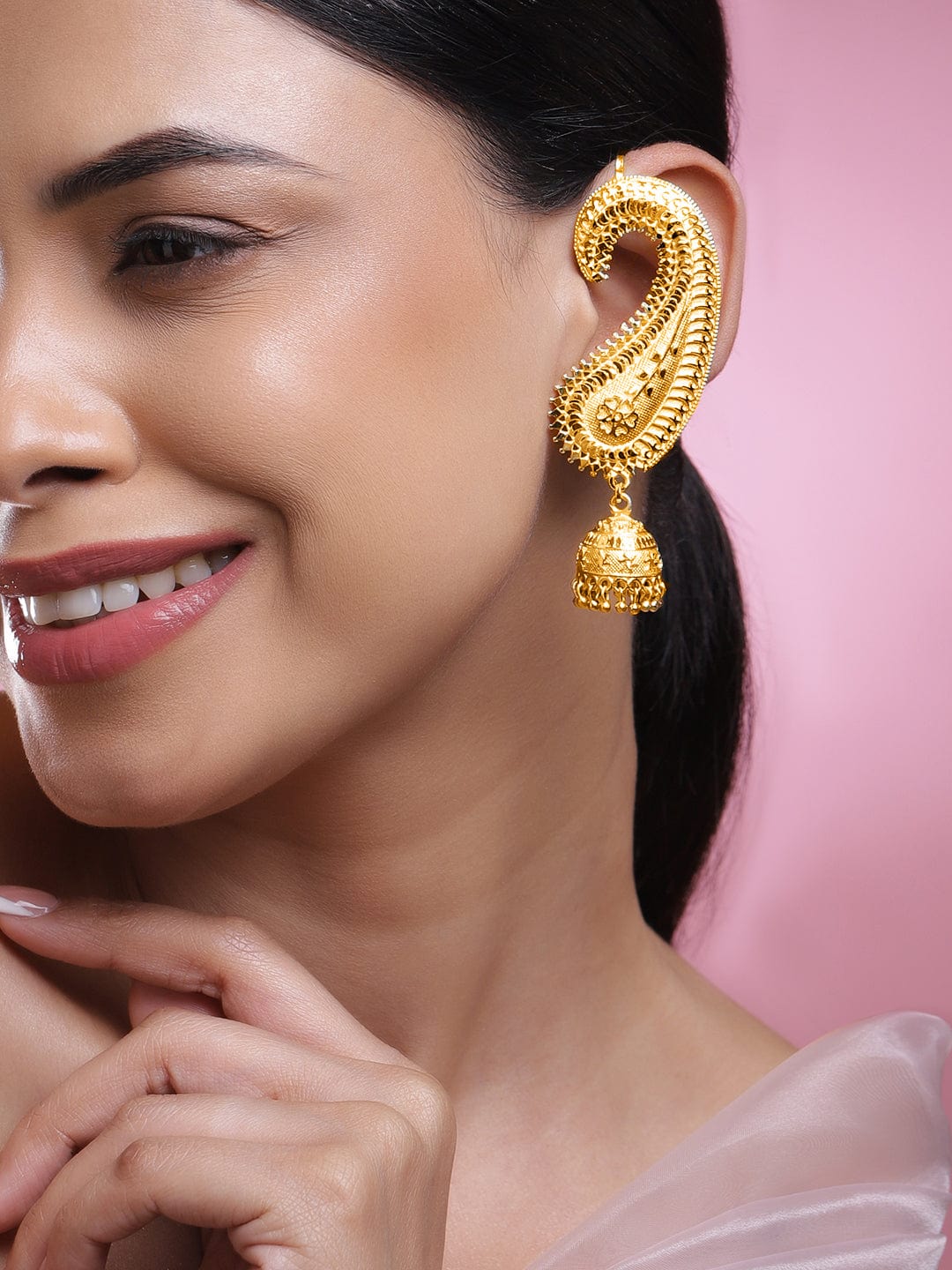 22K Gold-Plated Oversized Paisley Ear-Cuff Jhumka Earrings with Ghungroo Dome Drop