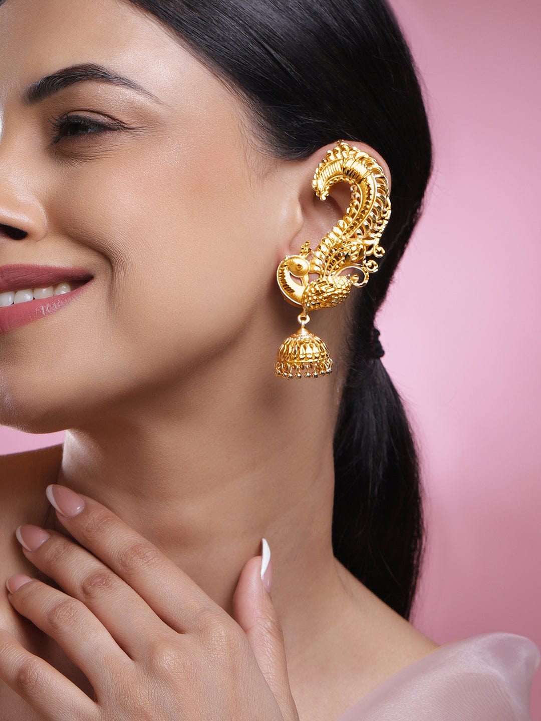 22K Gold-Plated Oversized Peacock Ear-Cuff Jhumka Earrings with Ghungroo Dome Drop