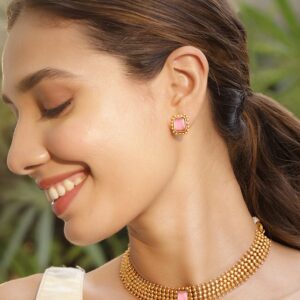 22K Gold-Plated Pastel Pink Sapphire Studded Choker Necklace Set with Gold Beads - Pink