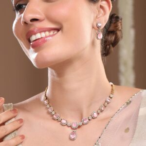 22K Gold-Plated Pastel Pink Stone & Cubic Zirconia Studded Necklace Set with Matching Earrings