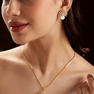 22K Gold Plated Pave Zirconia & Pearl Studded Radiant Pendant Set - Gold