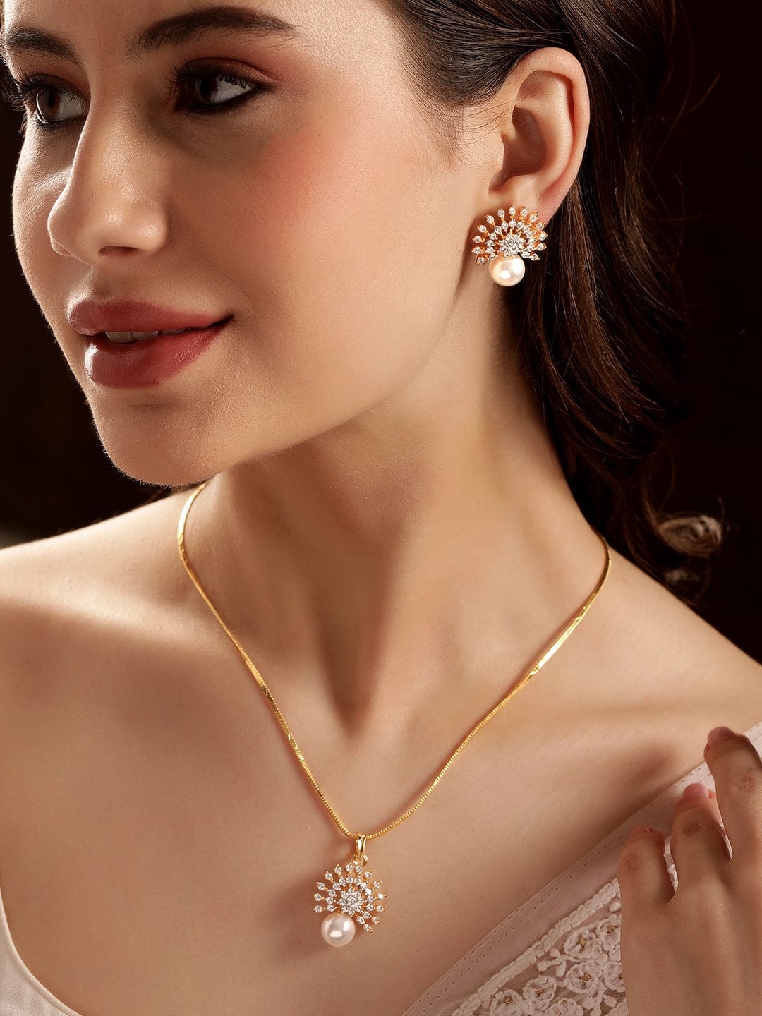 22K Gold Plated Pave Zirconia & Pearl Studded Radiant Pendant Set - Gold