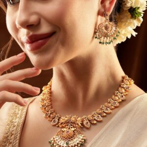 22K Gold-Plated Peacock Motif Kemp & Zirconia Crystal Studded Pearl Beaded Handcrafted Necklace Set - Multi Color