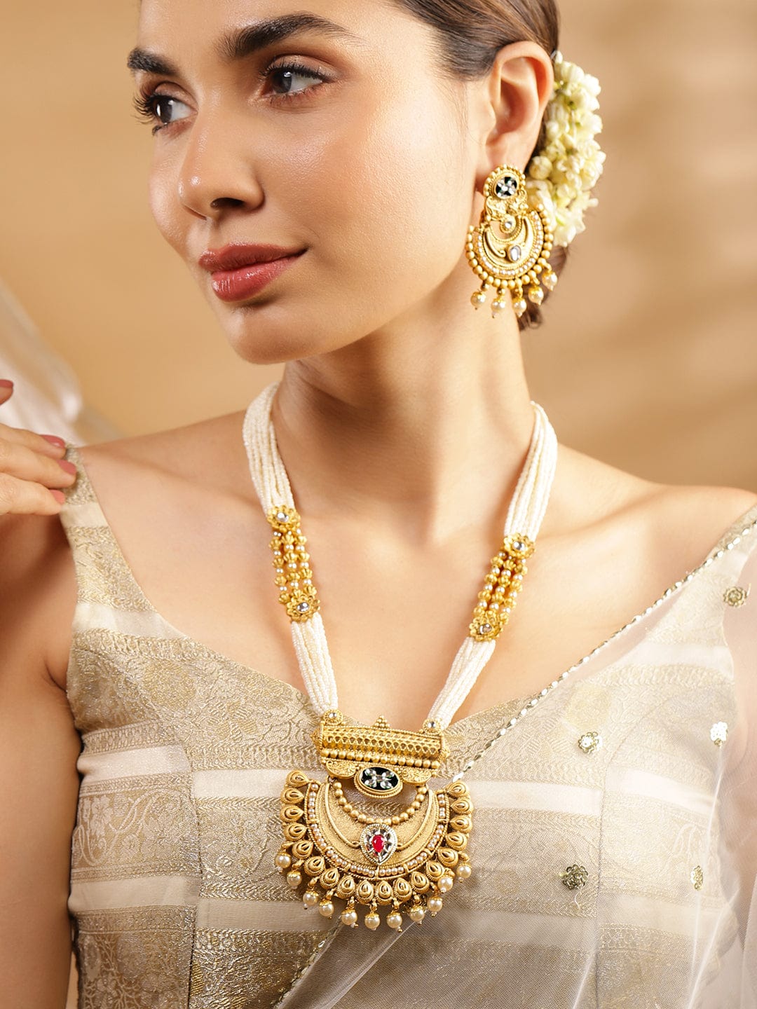22K Gold-Plated Pearl Beaded Multi-Strand Necklace Set with Kundan & Ruby Accents and Earrings - Gold