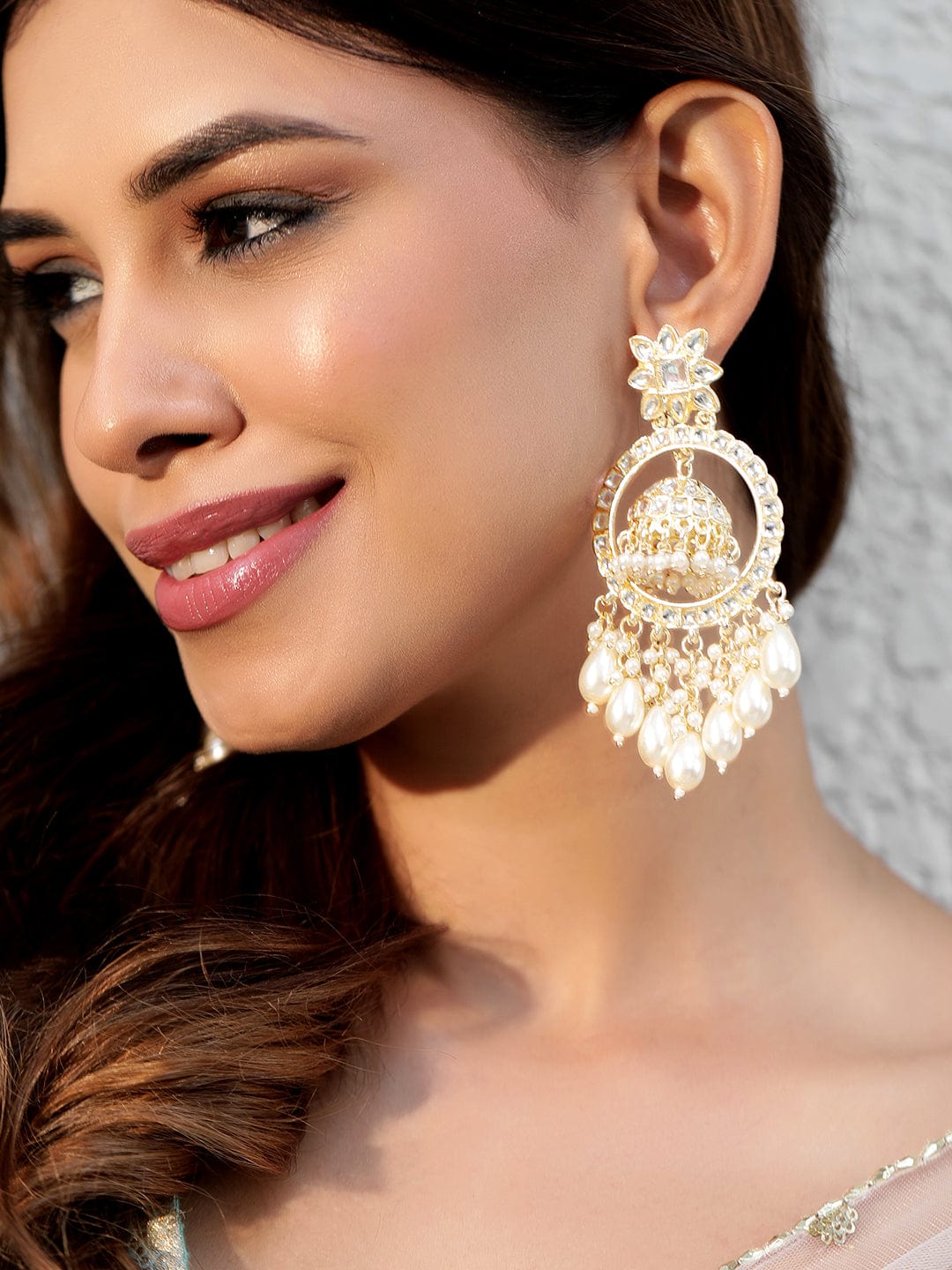 22K Gold Plated Pearl Dangle Kundan Statement Jhumka Earrings - Gold