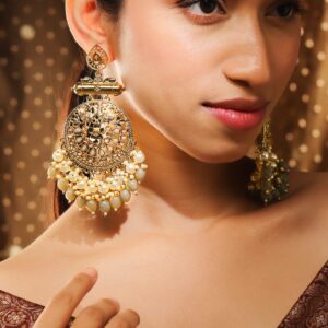 22K Gold-Plated Pearl & Grey Stone Studded & Beaded Big Traditional Chandbali Earrings - Grey