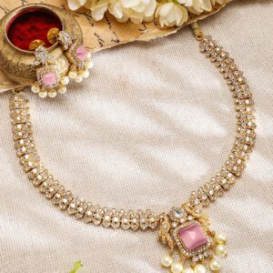 22K Gold-Plated Pink AD & White CubicZirconia Studded Jewellery Set with Pearl Drop - Gold