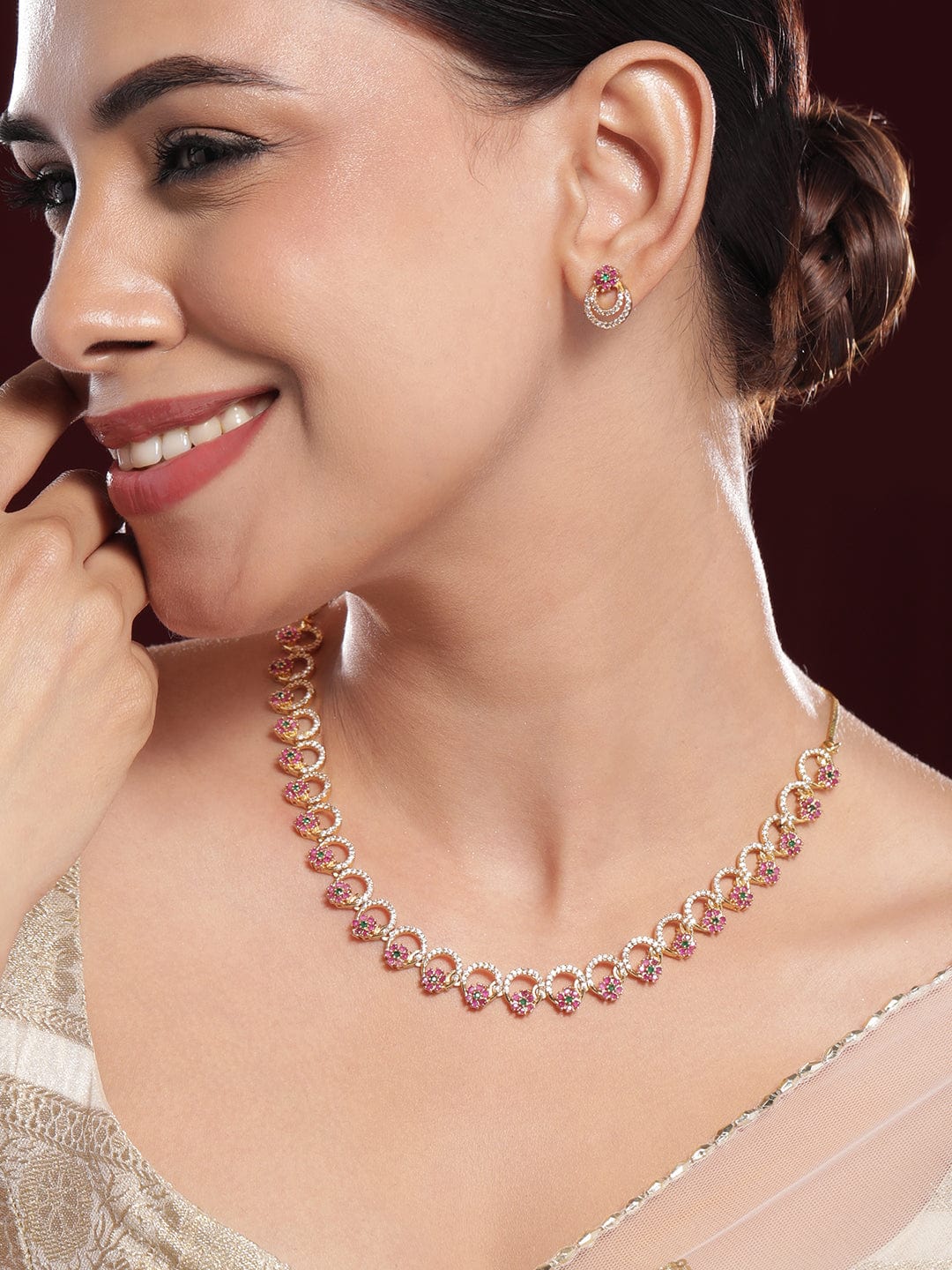 22K Gold-Plated Pink & Green Stone Cubic Zirconia Necklace Set with Matching Earring - Pink & Green