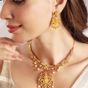 Gold-Plated multicolor CZ studded temple Jewellery Set - Gold