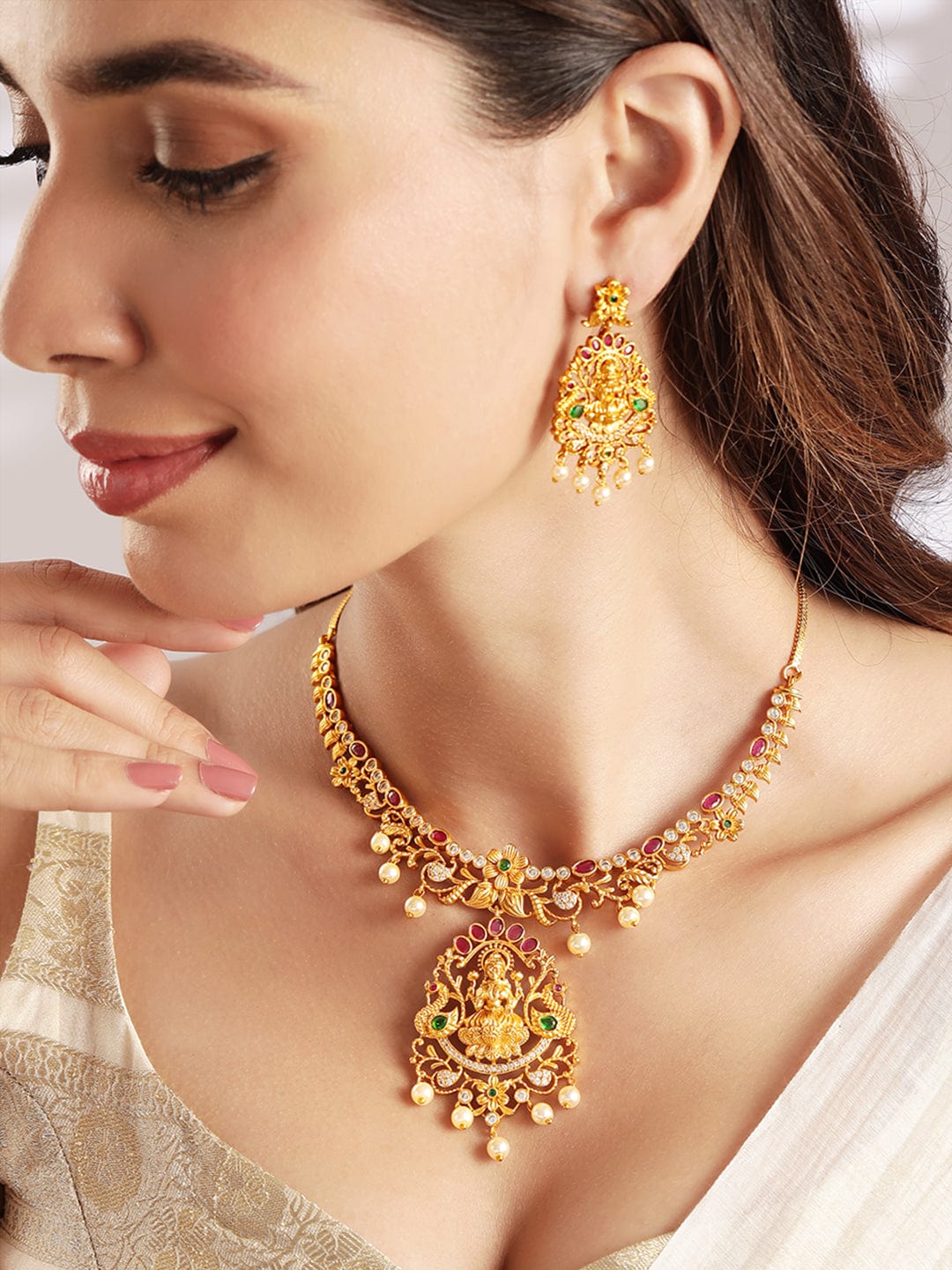 Gold-Plated multicolor CZ studded temple Jewellery Set - Gold