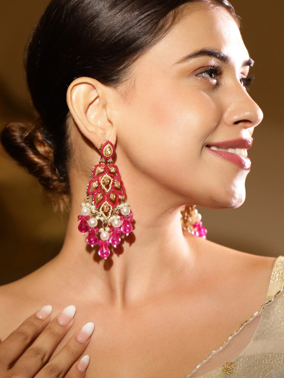 22K Gold Plated Pink Stone & Kundan Studded Chandelier Earrings with Pearl & Bead Accents