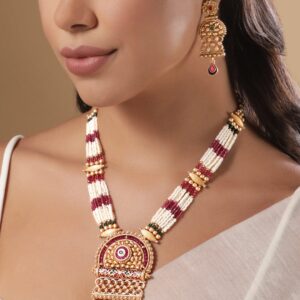 22K Gold Plated Red & Green Enamel Pearl Beaded Necklace Set - Gold