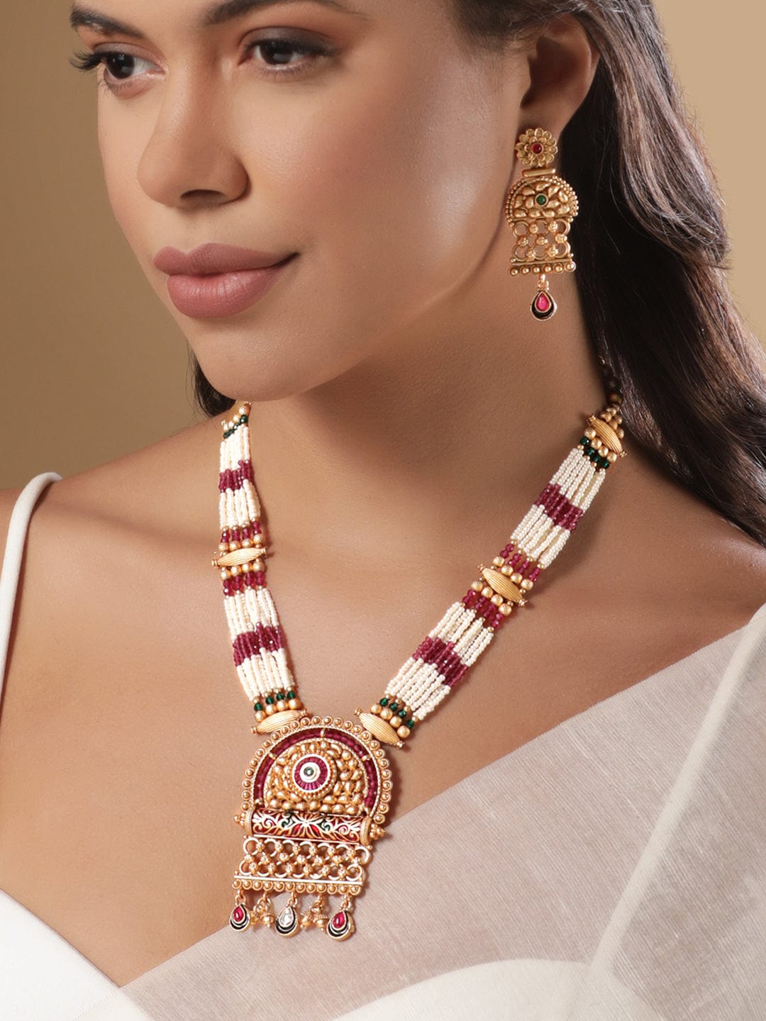 22K Gold Plated Red & Green Enamel Pearl Beaded Necklace Set - Gold