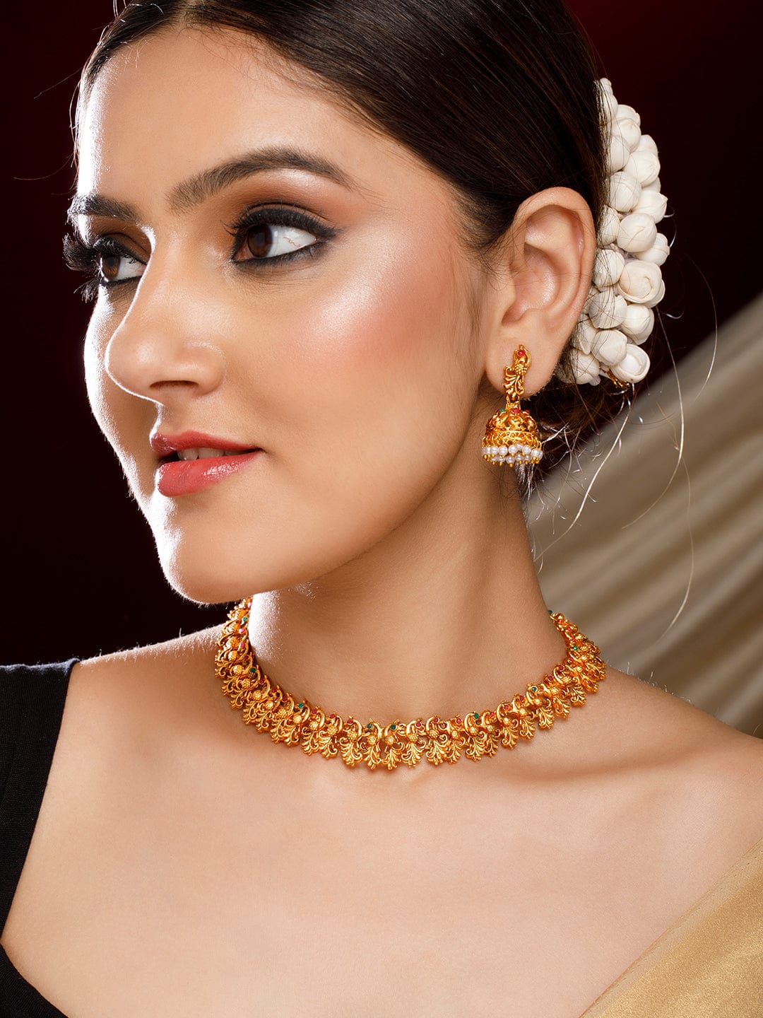 22K Gold-Plated Red & Green Stone Studded Handcrafted Traditional Temple Jewellery Set - Gold