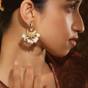 22K Gold-Plated Red Kundan Studded & Green Enamelled White Pearl Beaded Chandbali - Red & White