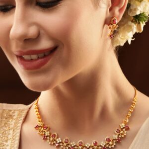 22K Gold Plated Ruby & Cubic Zirconia Studded Jewellery Set