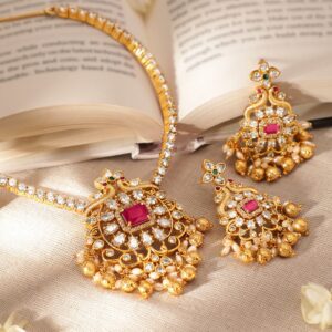 22K Gold Plated Ruby & Cubic Zirconia Studded Jewellery Set with Golden & Pearl Beads